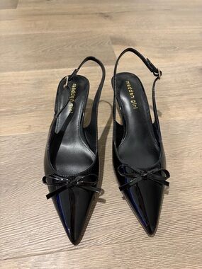 Madden Girl Black Patent Pointed Slingback Mules with Bow